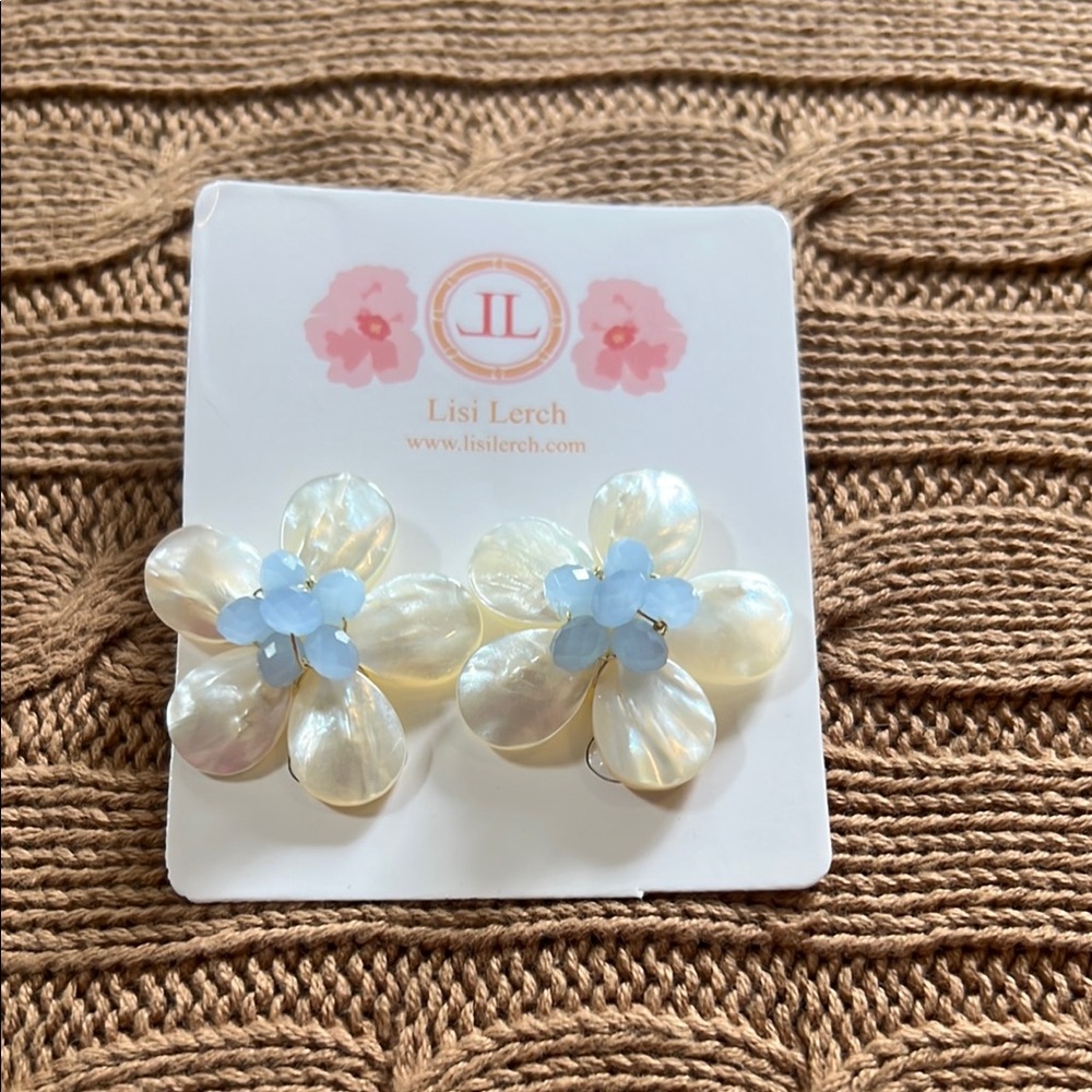 Cream and Blue Floral Pearl Earrings